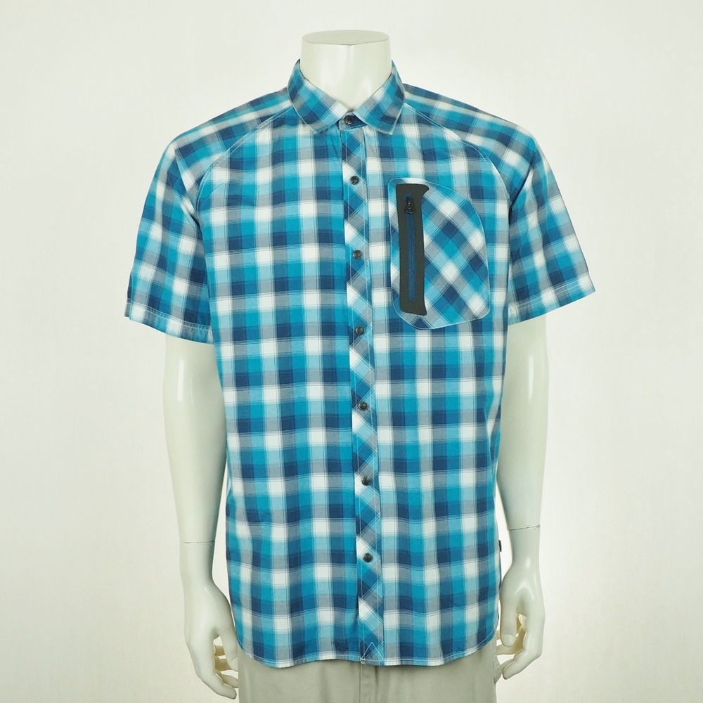 New REI Co-op Pearl Snap Outdoor Shirt Mens Large Blue Plaid Cotton Blend Tech